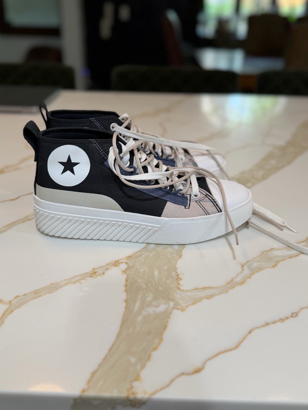 Converse Blue, White, and Beige Hi-Top Sneakers with Double Laces